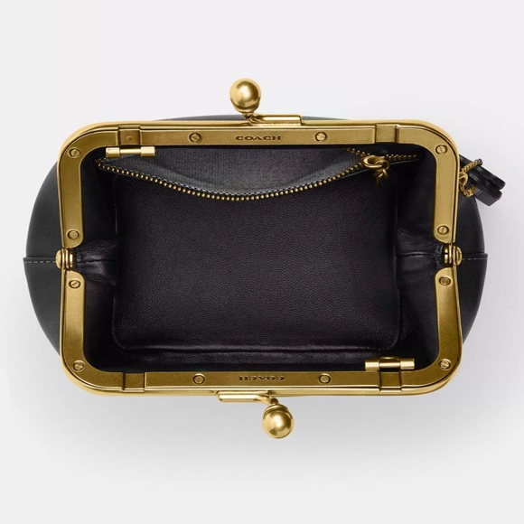 Coach Kisslock Frame Bag 14 Crossbody in Brass/Black Glovetanned Leather NWT - Picture 3 of 15